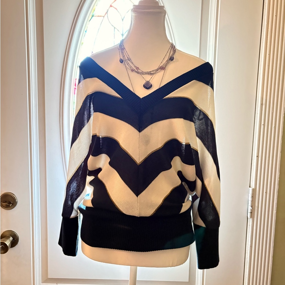 Vintage oversized XOXO Off-the-Shoulder Chevron Sweater in Black and Cream